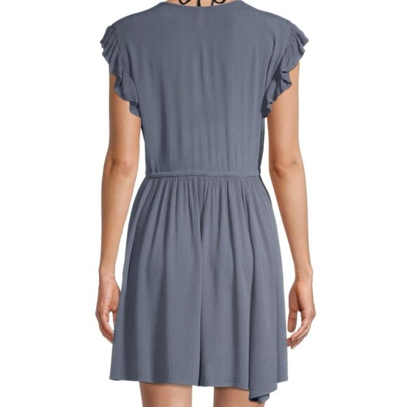 Elan Boho Ruffle Mini Dress XL Blue Crinkle Drawstring Coverup Cottagecore - Picture 8 of 8